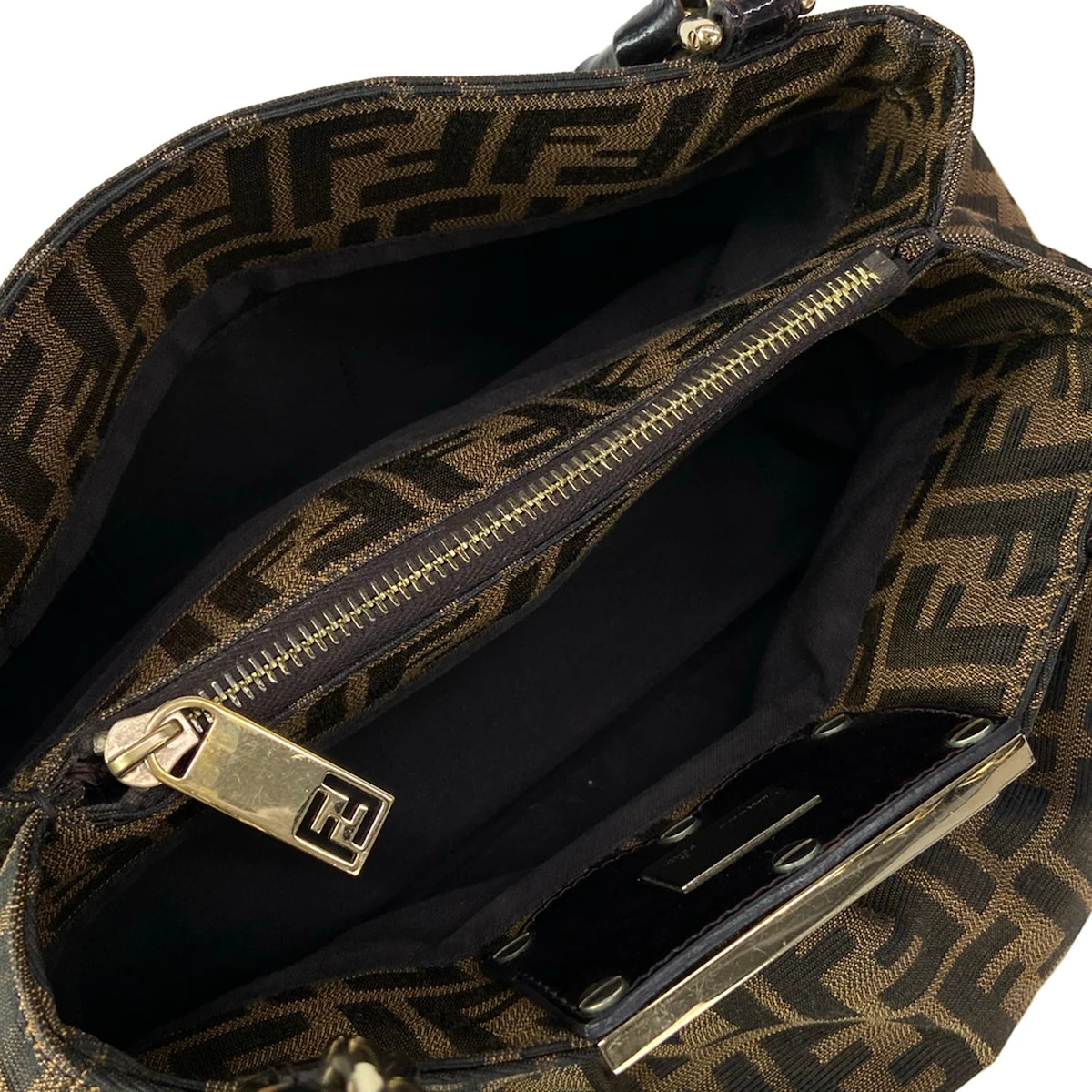 FENDI Zucca 8BR615 Light Brown Black Gold Jacquard Patent Leather Hardware