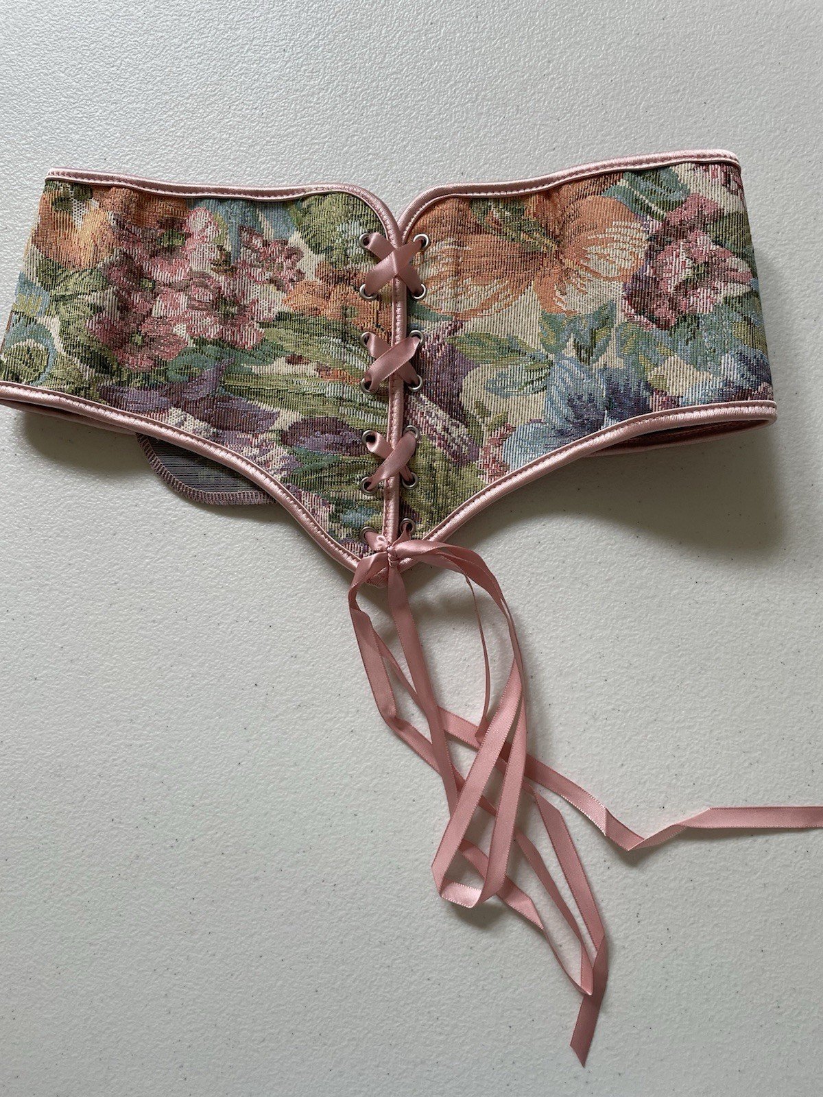Pink Brocade Tapestry Underbust Corset Sz L LaceUp Zip Waist Cincher Renaissance