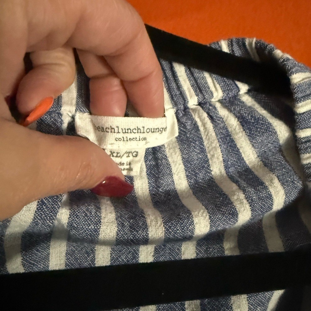 Beachlunchlounge Blue White Striped Linen Off Shoulder Top XL 👚
