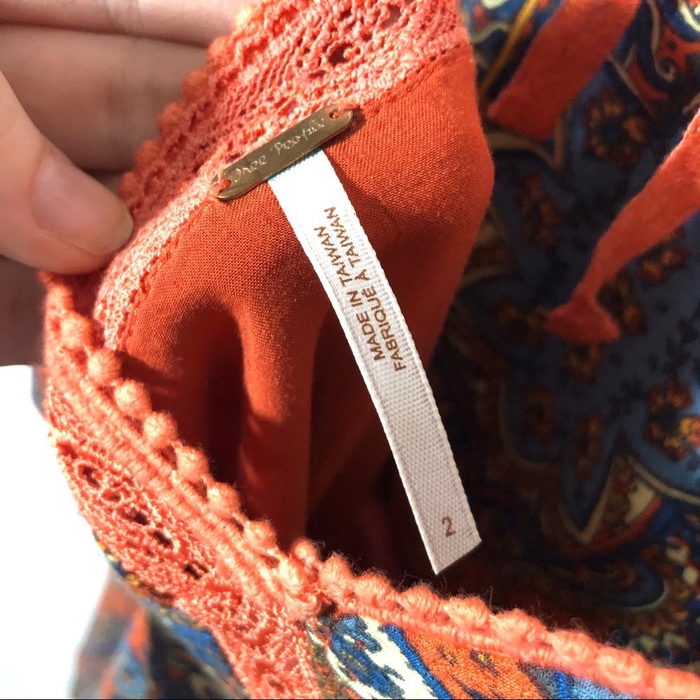 FREE PEOPLE Mini Dress Womens 2 Orange Blue Paisley Bell Sleeve Tunic $148 U924