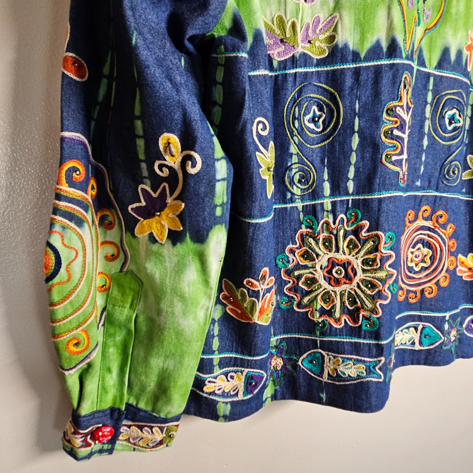 Indigo Moon Large Jacket Green Tie Dye Blue Denim Embroidered Beaded Boho Artsy
