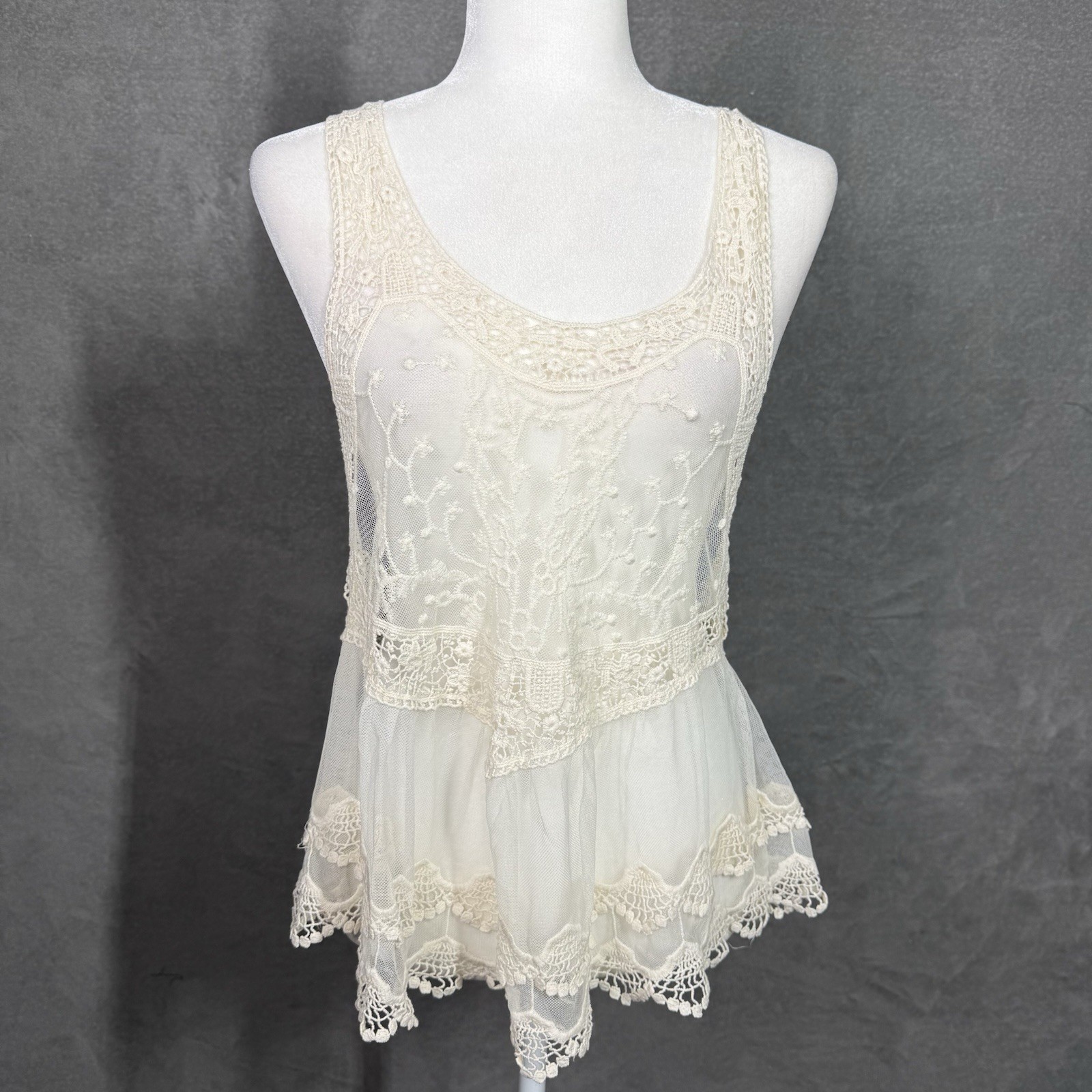 Lace Tank Top Boho Sheer Crochet Mesh Racerback Ruffle Hem One Size Ivory