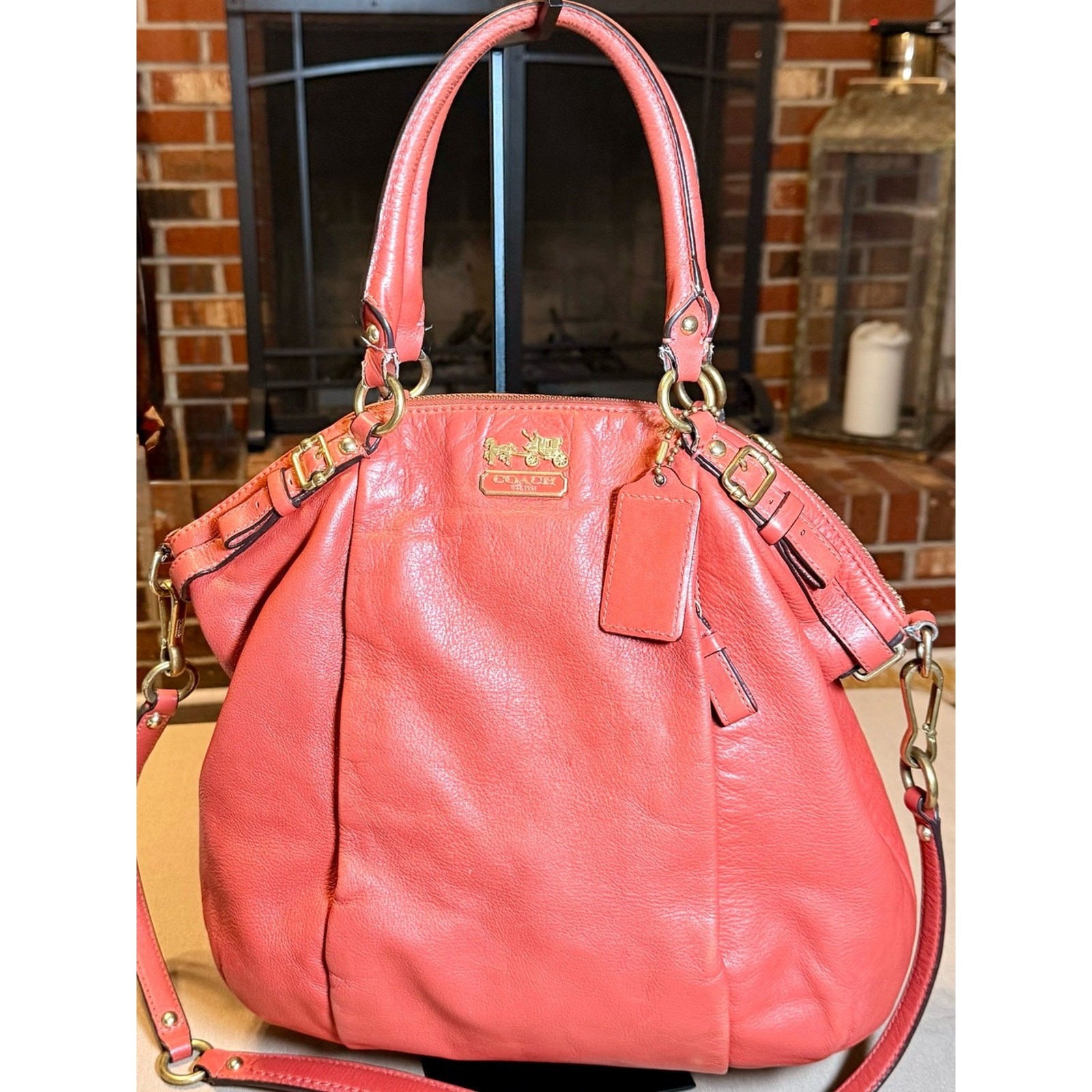 Coach Madison Coral Pebbled Leather Satchel Bag | Removable Strap |Gold Hardware