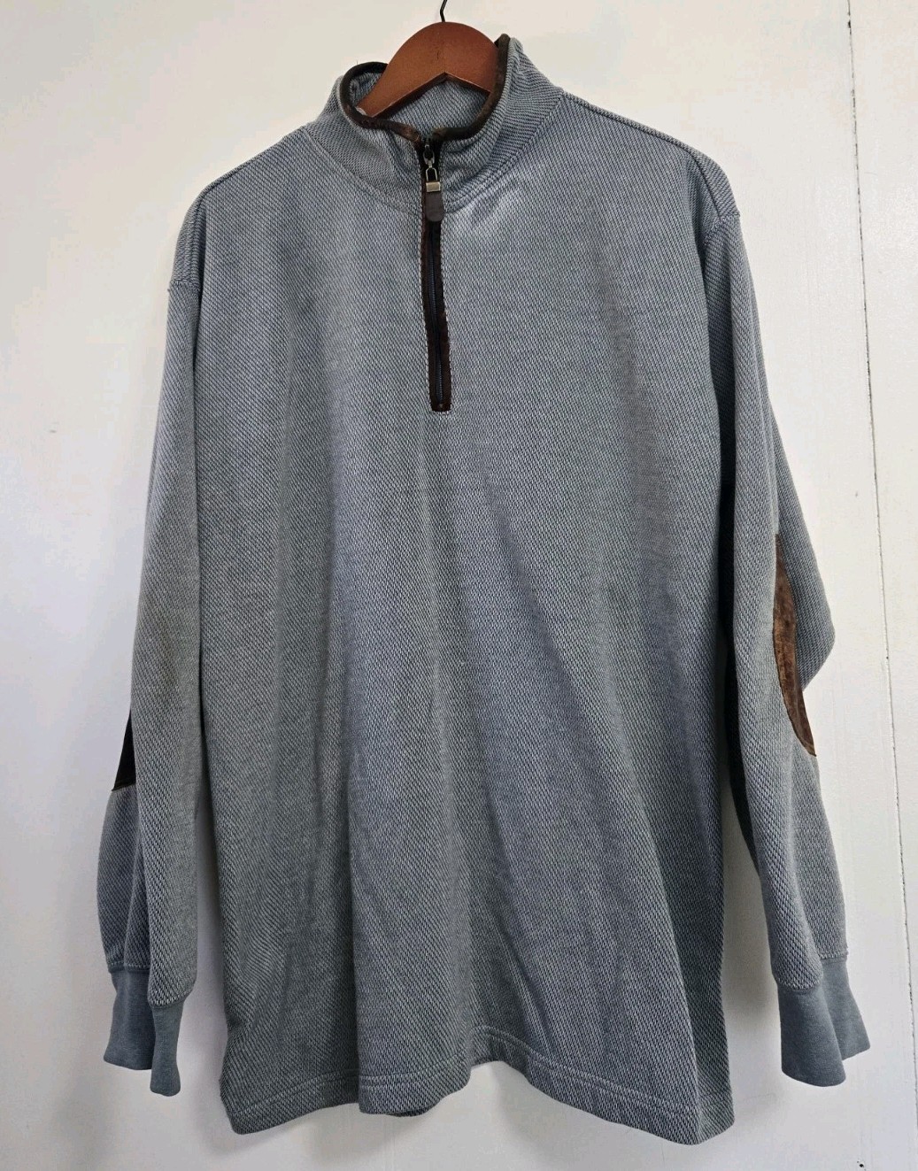 Orvis Sweater Mens Large Pullover 1/4 Zip Blue Grey Leather Elbow Pads Preppy