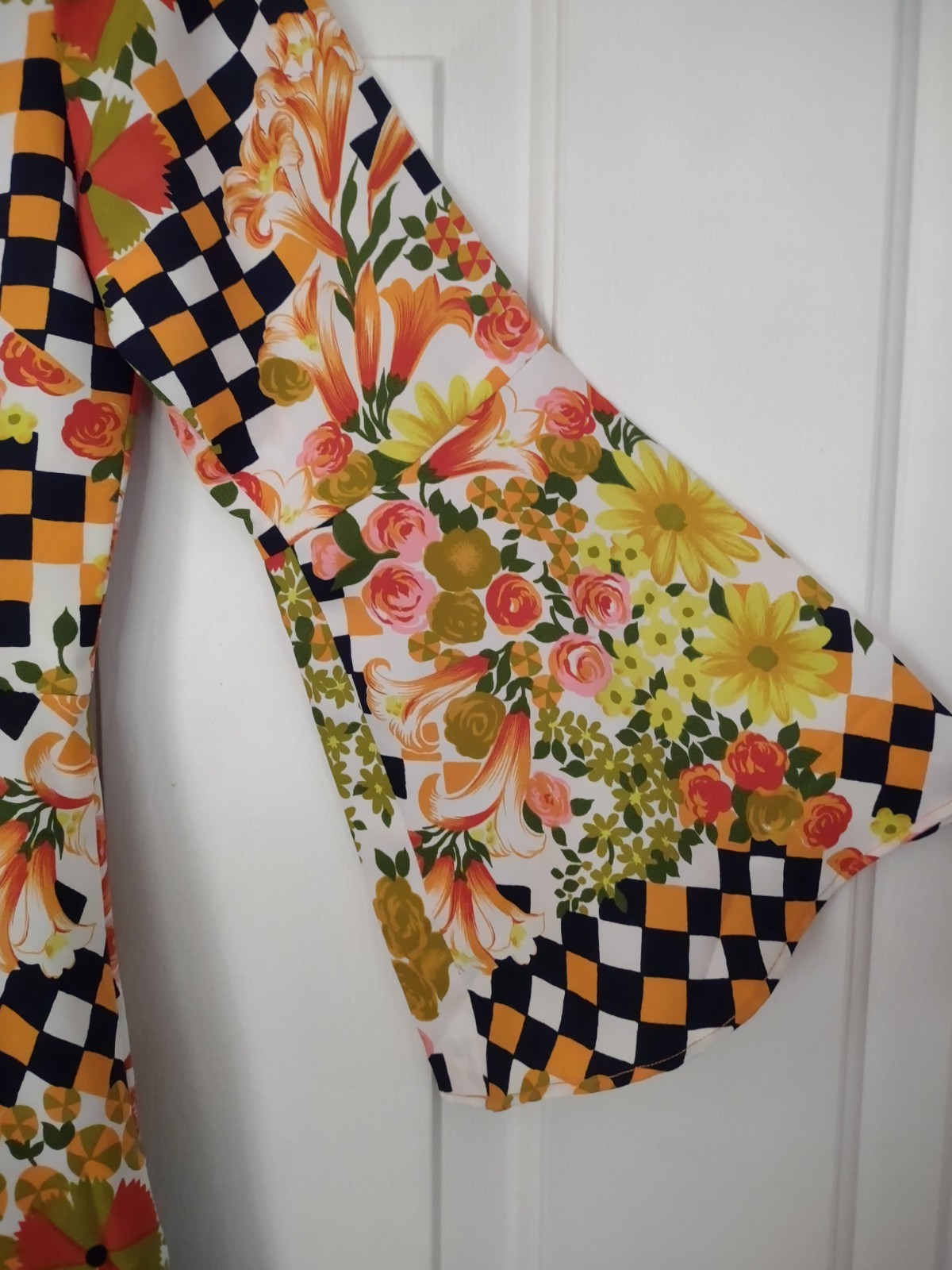 FUNKY FLOWER CHILD MCM ’70S POLYESTER DRESS 3/4 BELL SLEEVES SIZE SMALL HANDMADE