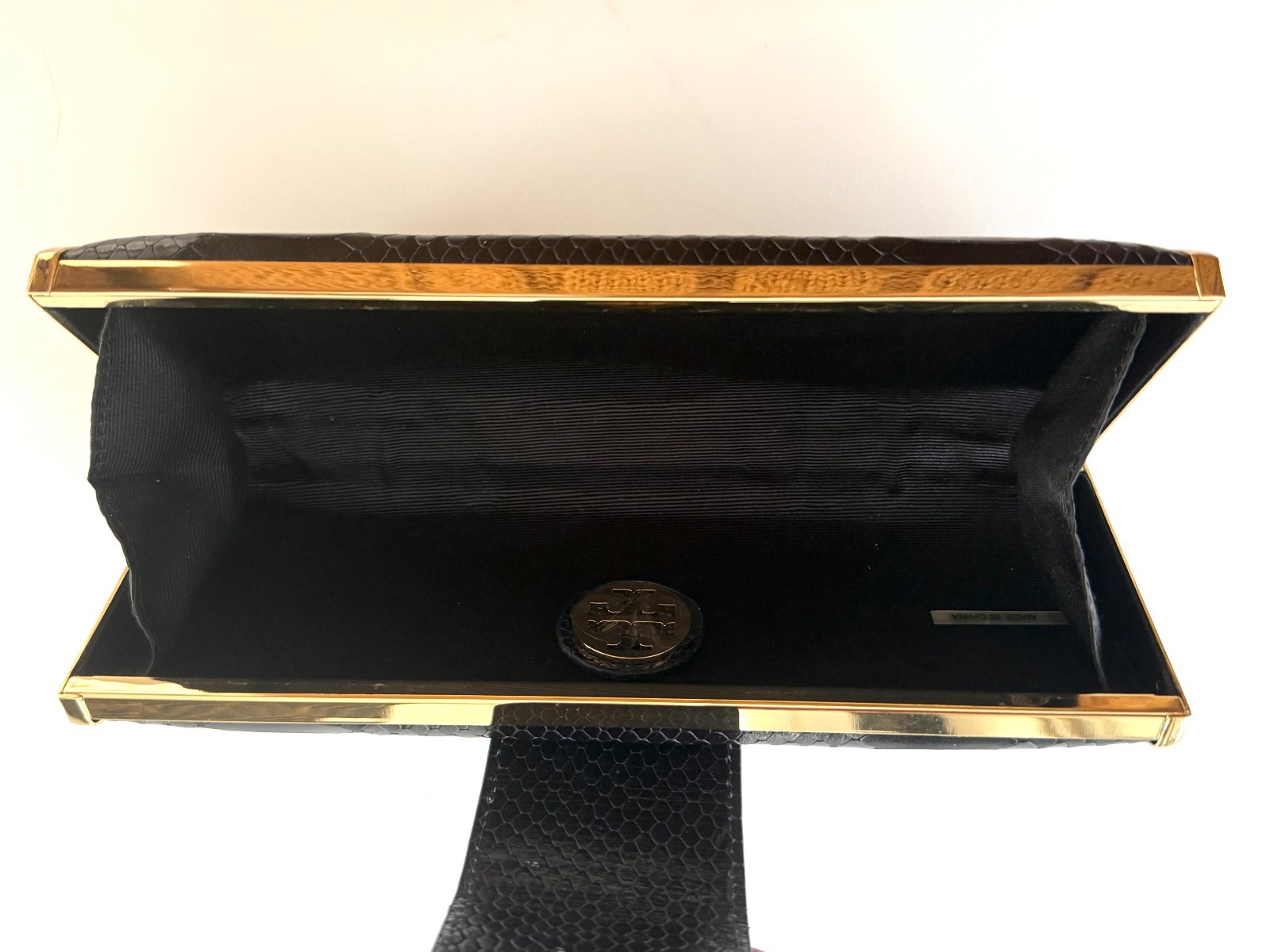 Tory Burch Embossed Black Leather Hard Shell Clutch with Gold Trim and Gold Logo