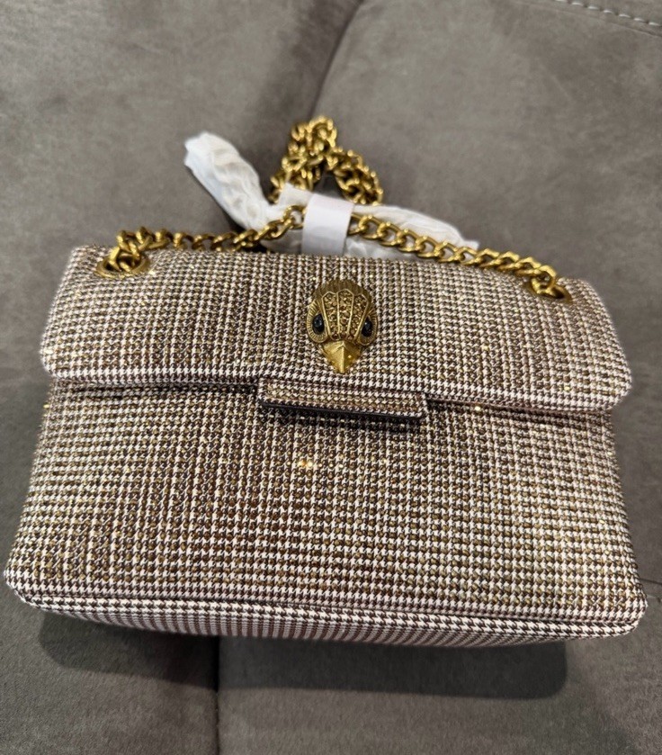 New Kurt Geiger Structured Tweed Shoulder Bag with Gold Chain – Brown & Gold