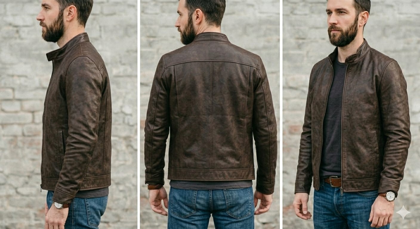 Mens Genuine Leather Jacket Brown Cafe Racer Motorcycle Biker Slim Fit Coat