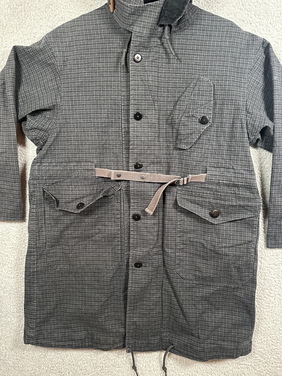 U.Sage Jacket Mens Small Gray Hooded Parka Belted Check Cotton Blend Casual