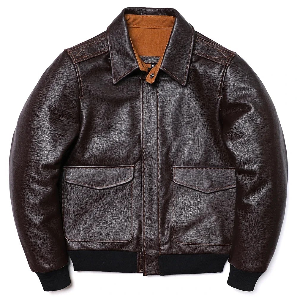 Men’s Genuine Leather A2 Flight Jacket Dark Brown Aviator Bomber Coat
