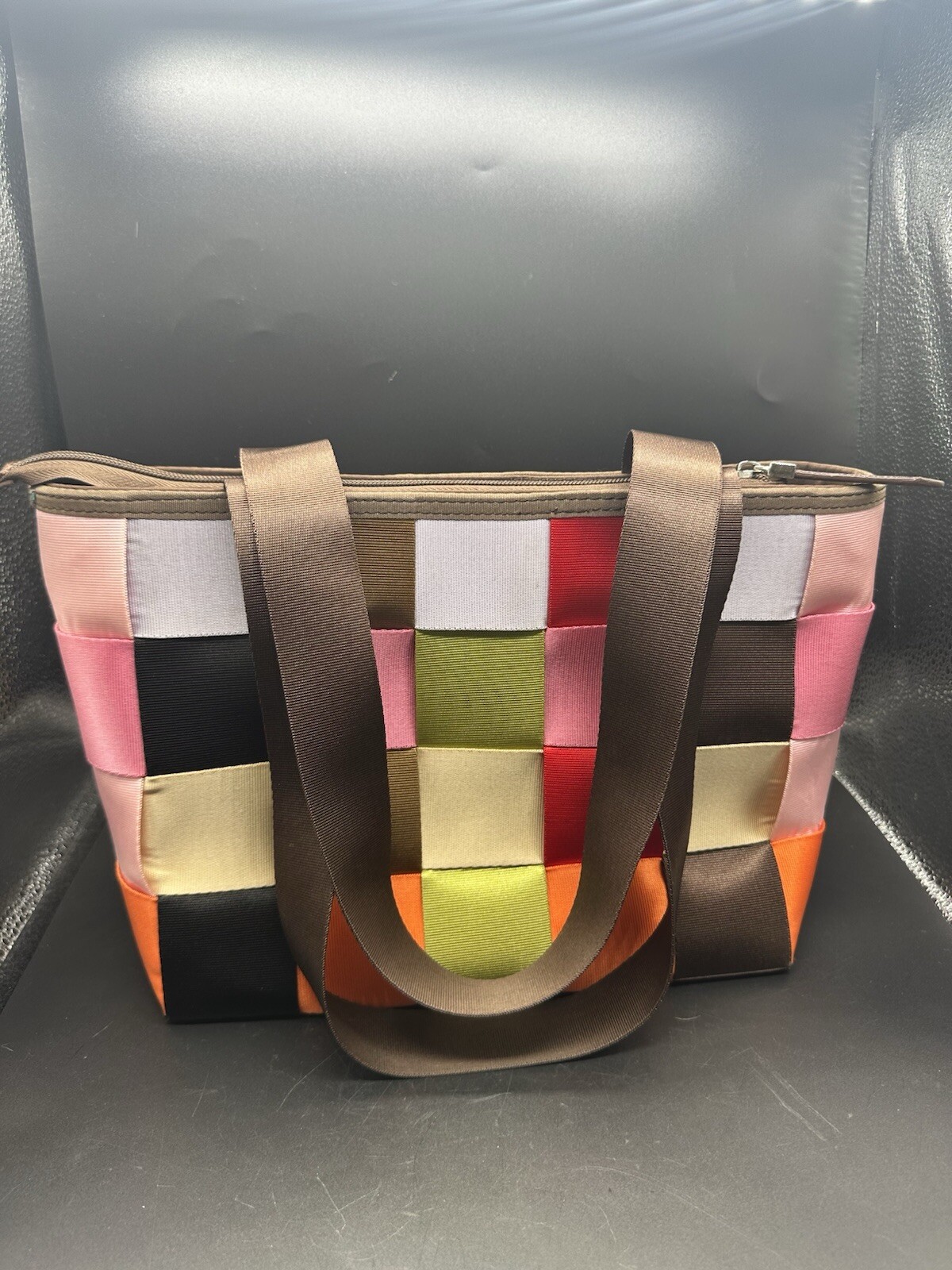 Comely seatbelt bag purse multi color 12.75” Wide shoulder bag Brown Lining