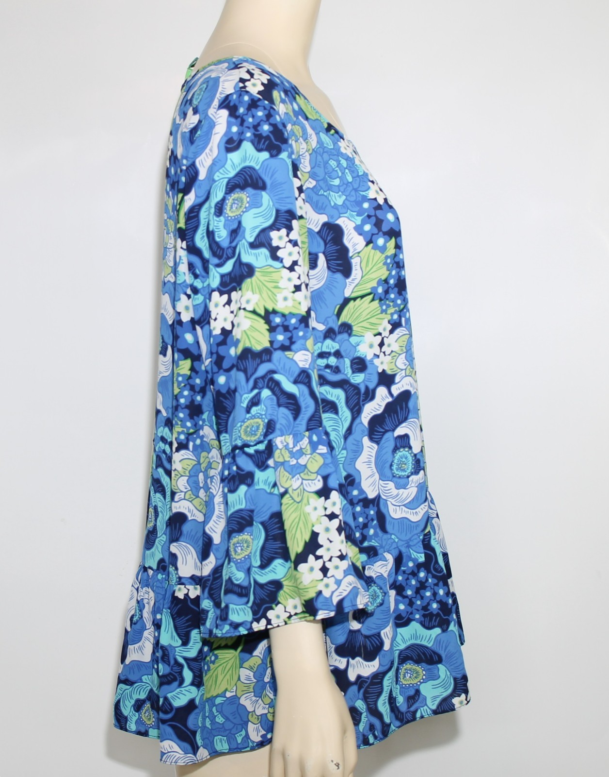 Pappagallo Women’s Vibrant Blue and Green Floral Top With Ruffle Sleeve & Hem L