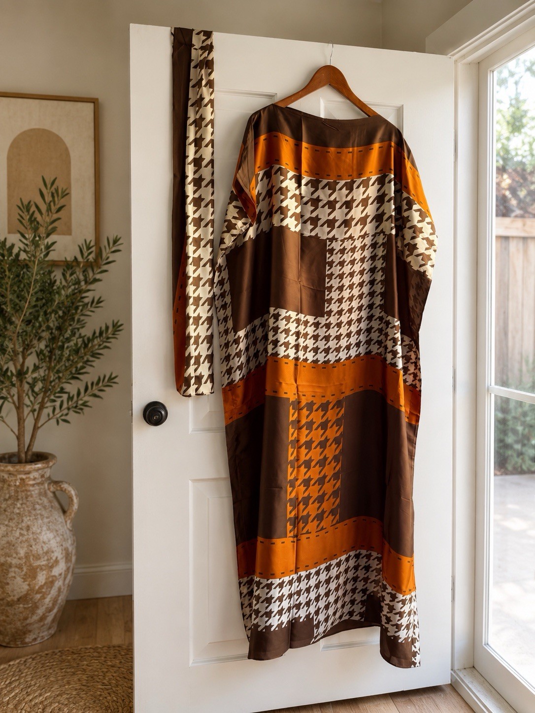 Long silky satin slip Kaftan Dress Geometric with scarf Boat Neck One Size