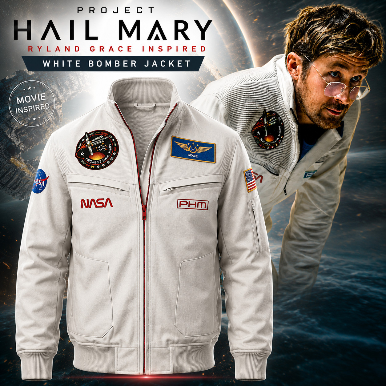 Project Hail Mary Ryan Gosling Ryland Grace Movie Inspired White Bomber Jacket