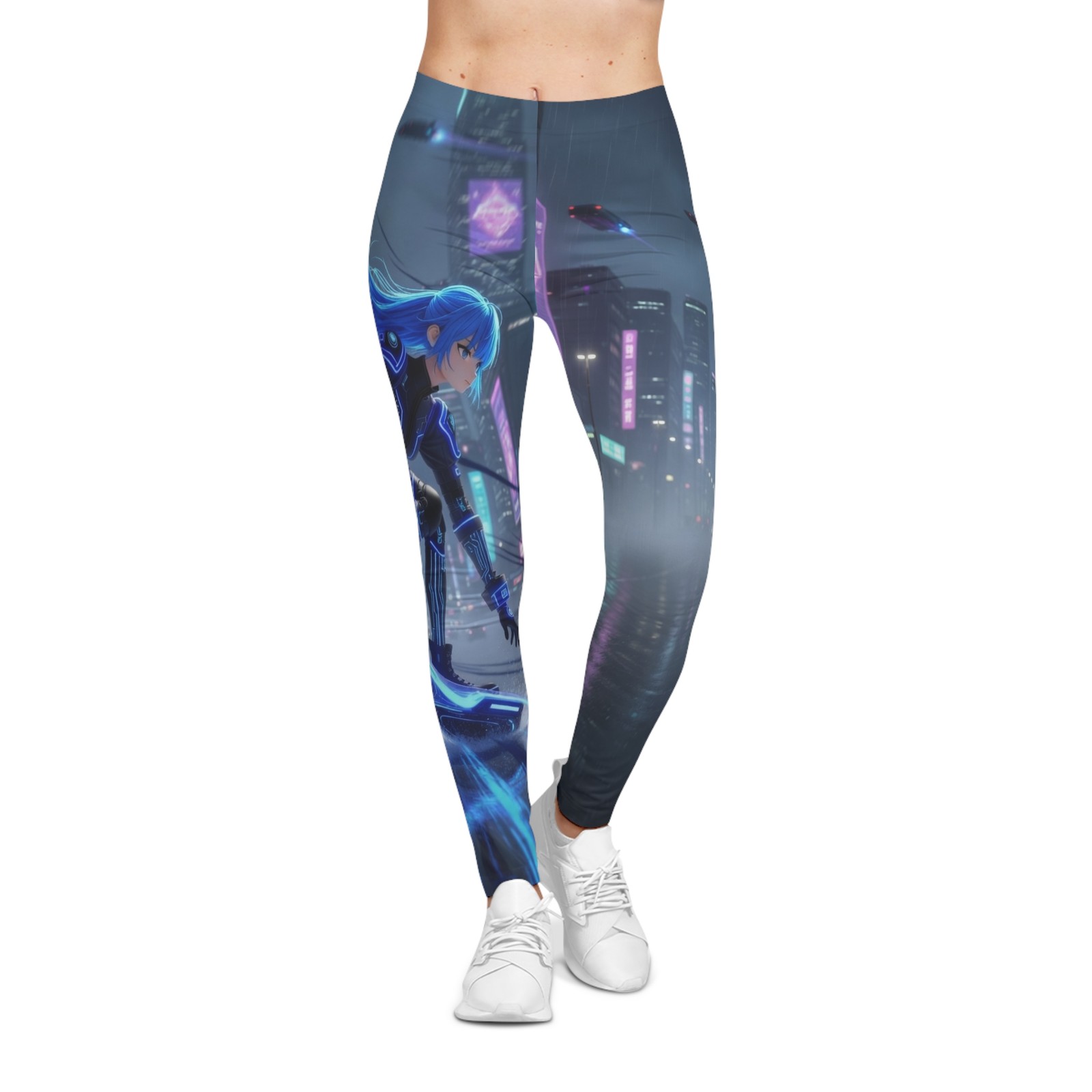 Cyberpunk Neon Blue Cityscape with Blue-Haired Rider Leggings | Futuristic AOP