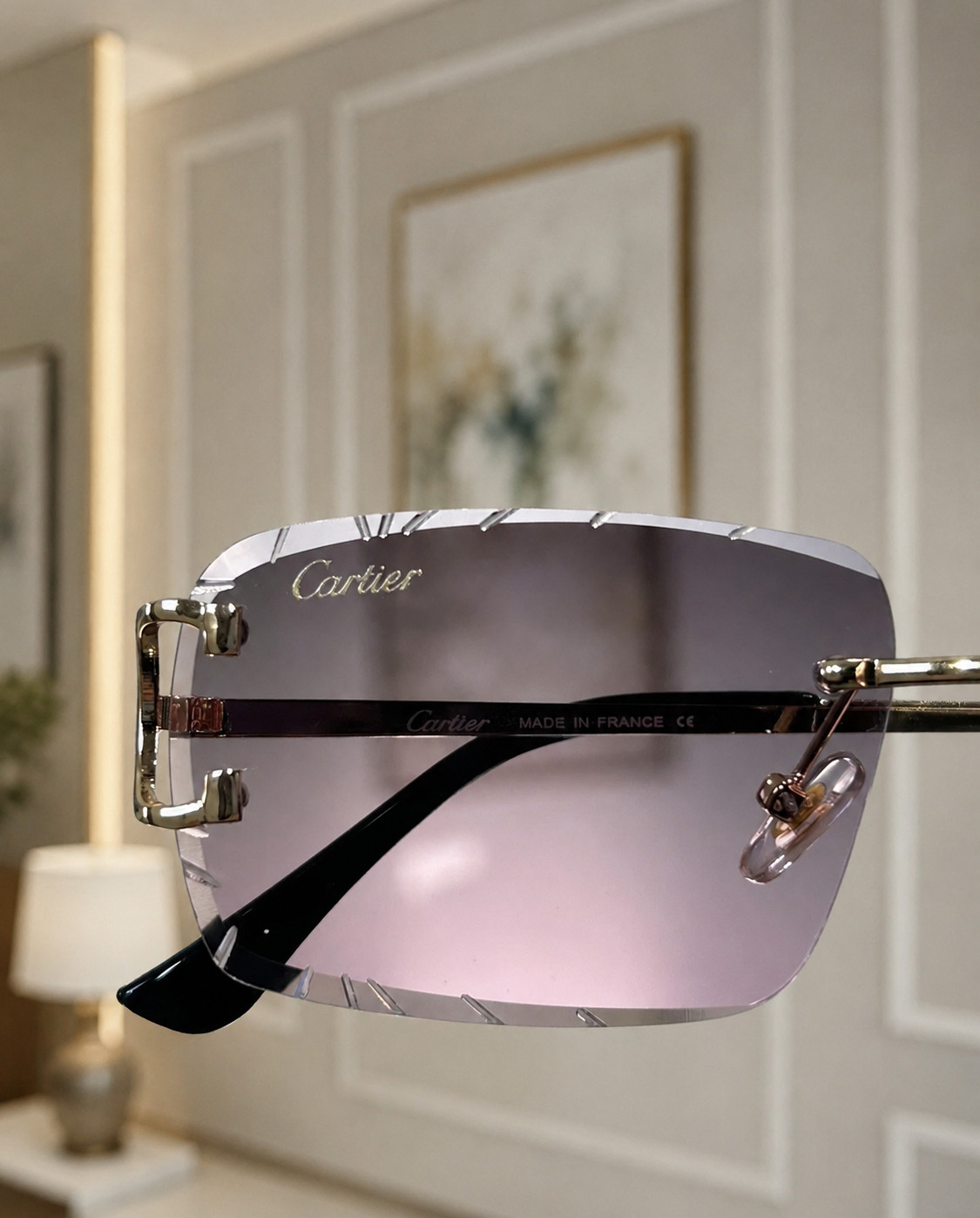 Cartier Big C Diamond Cut Frameless Pink/Grey Lens Gold Frame