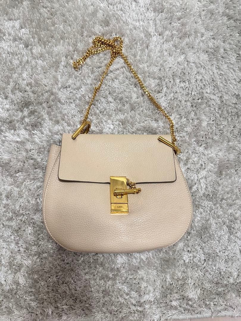Chloe Drew Shoulder Bag White Leather Chain Strap 8.7 x 7.9 x 2.8 inches Medium