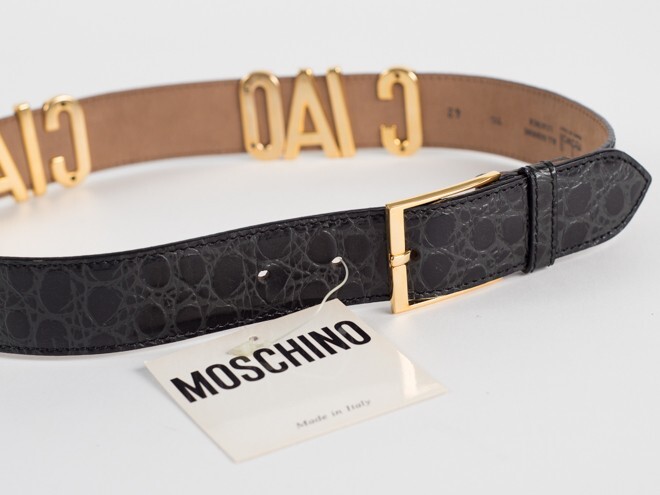 New Moschino Redwall “Ciao” Black Croc-Embossed Leather Belt Size EU 42