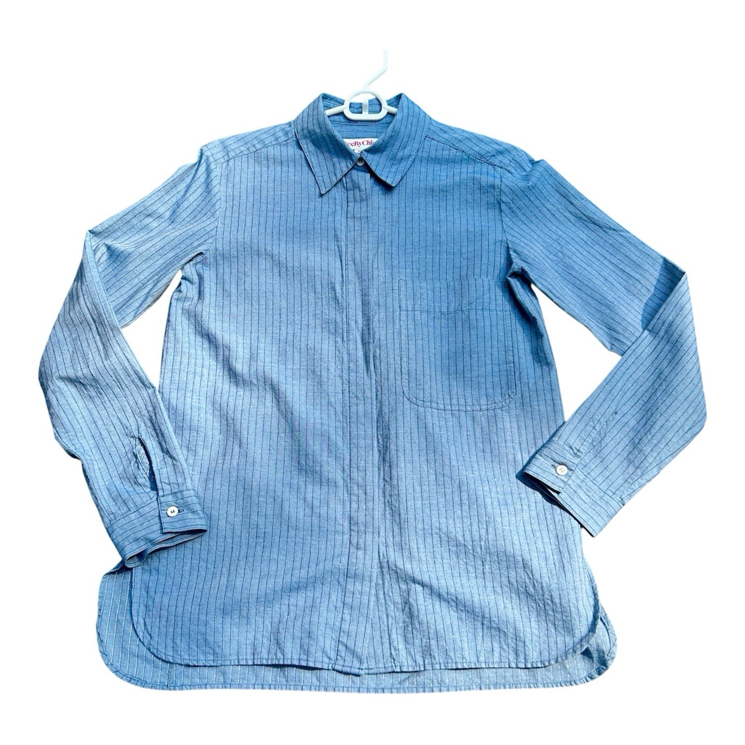 See By Chloe Light Blue Denim Metallic Pinstripe Button-Up Shirt
