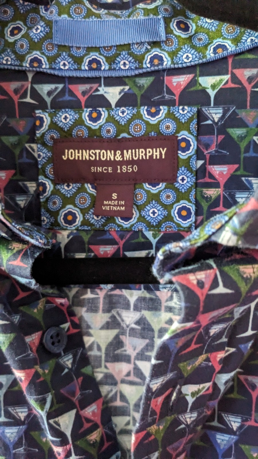 Johnston & Murphy Navy Multi Martini Print Long Sleeve Button Up Shirt,Size M
