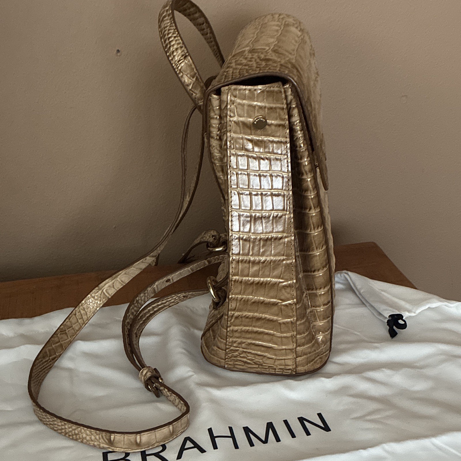 Brahmin Beige Croc-Embossed Backpack Purse Top Handle Buckle Gold Hardware