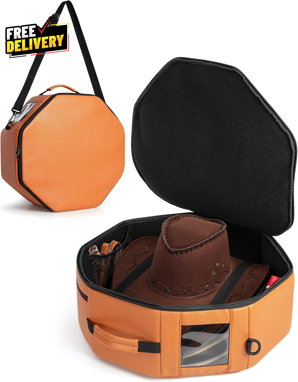 Vegan Leather Hat Box Holds 4 Cowboy Wide Brim Hats Padded Travel Case Brown…