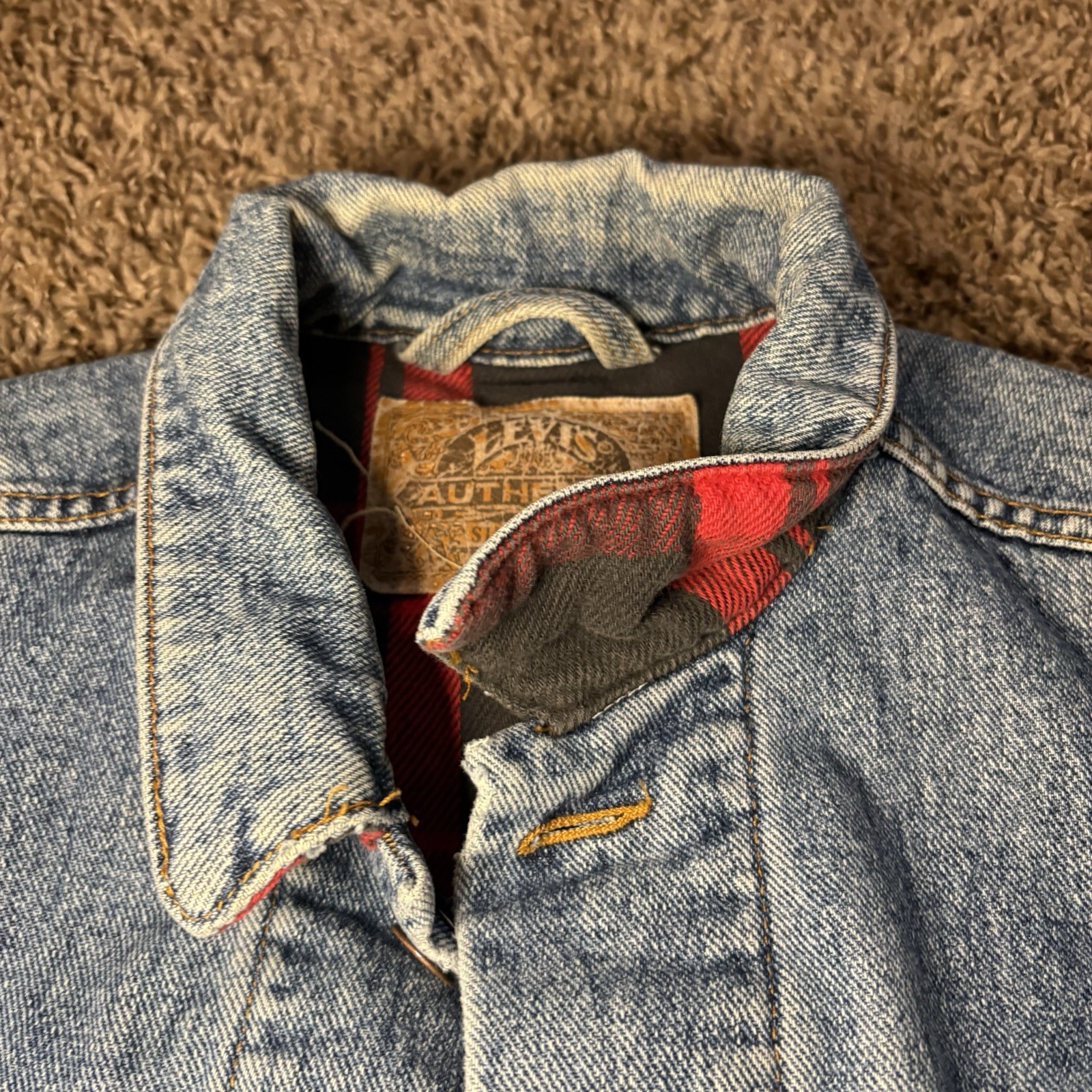 Vtg Levis Denim Trucker Jacket Buffalo Plaid Flannel Lined Sz S 80s