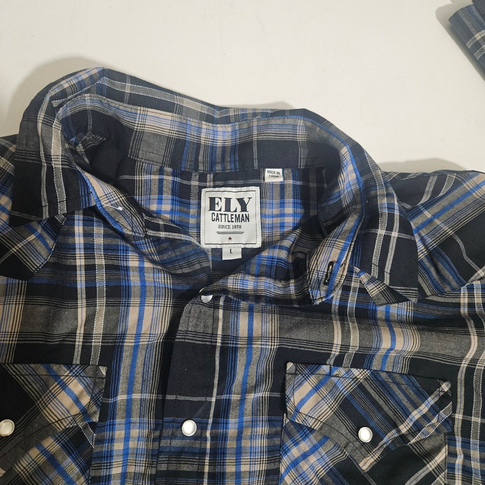 Ely Cattleman Mens Large Western Pearl Snap Shirt Blue Black Plaid Long Sleeve