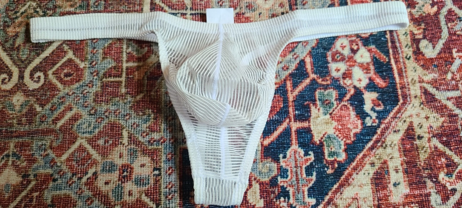 MENS SEE-THRU MESH STRIPED THONG-WHITE (MEDIUM 30-34)