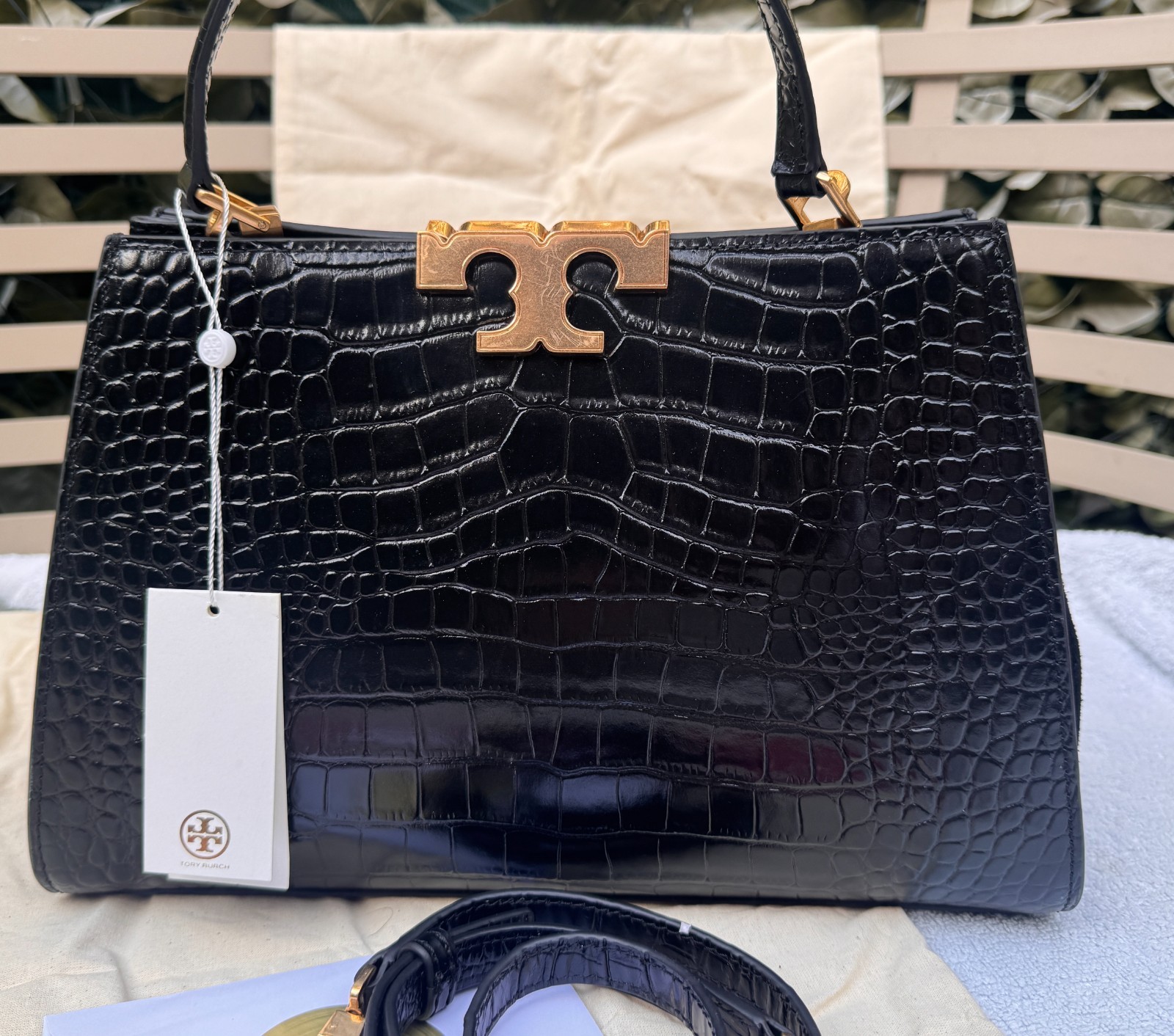 Tory Burch Eleanor Croc-Embossed Satchel NWT MSRP US $950 Black Dustbag