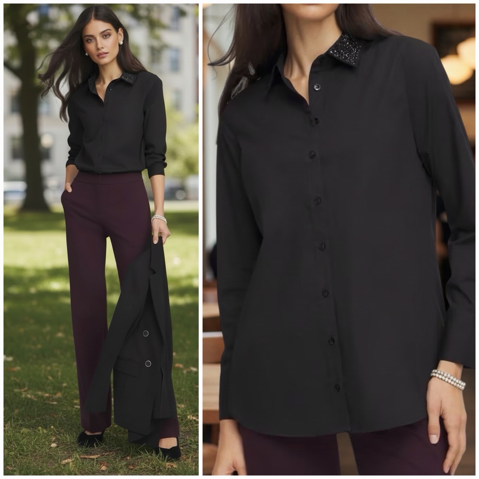 Chico’s Size 3.5 US 18 Tonal Jewels Poplin Shirt Black Embellished Collar Top