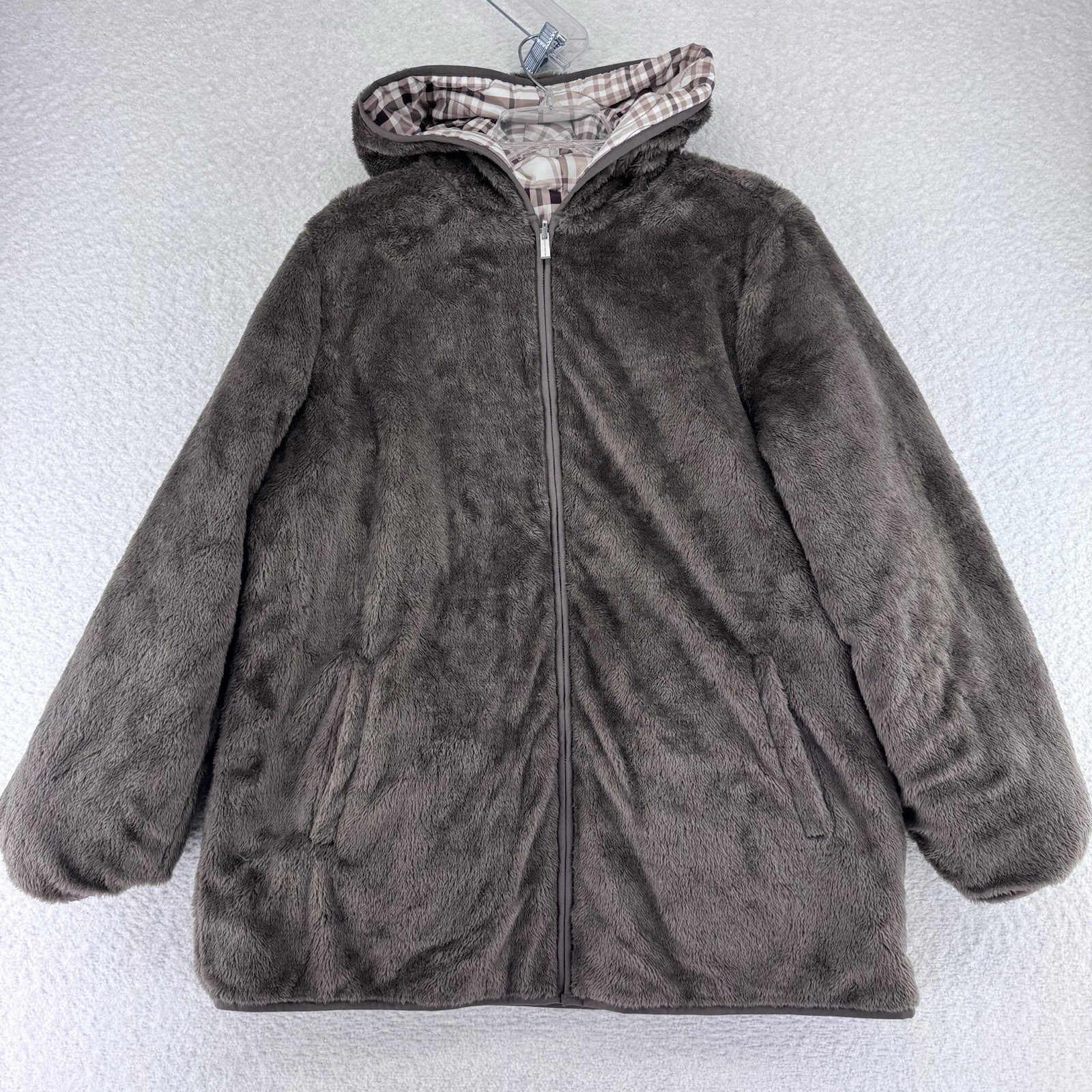 Susan Graver Reversible Quilted Woven Plush Fleece Jacket Coat Medium Plaid