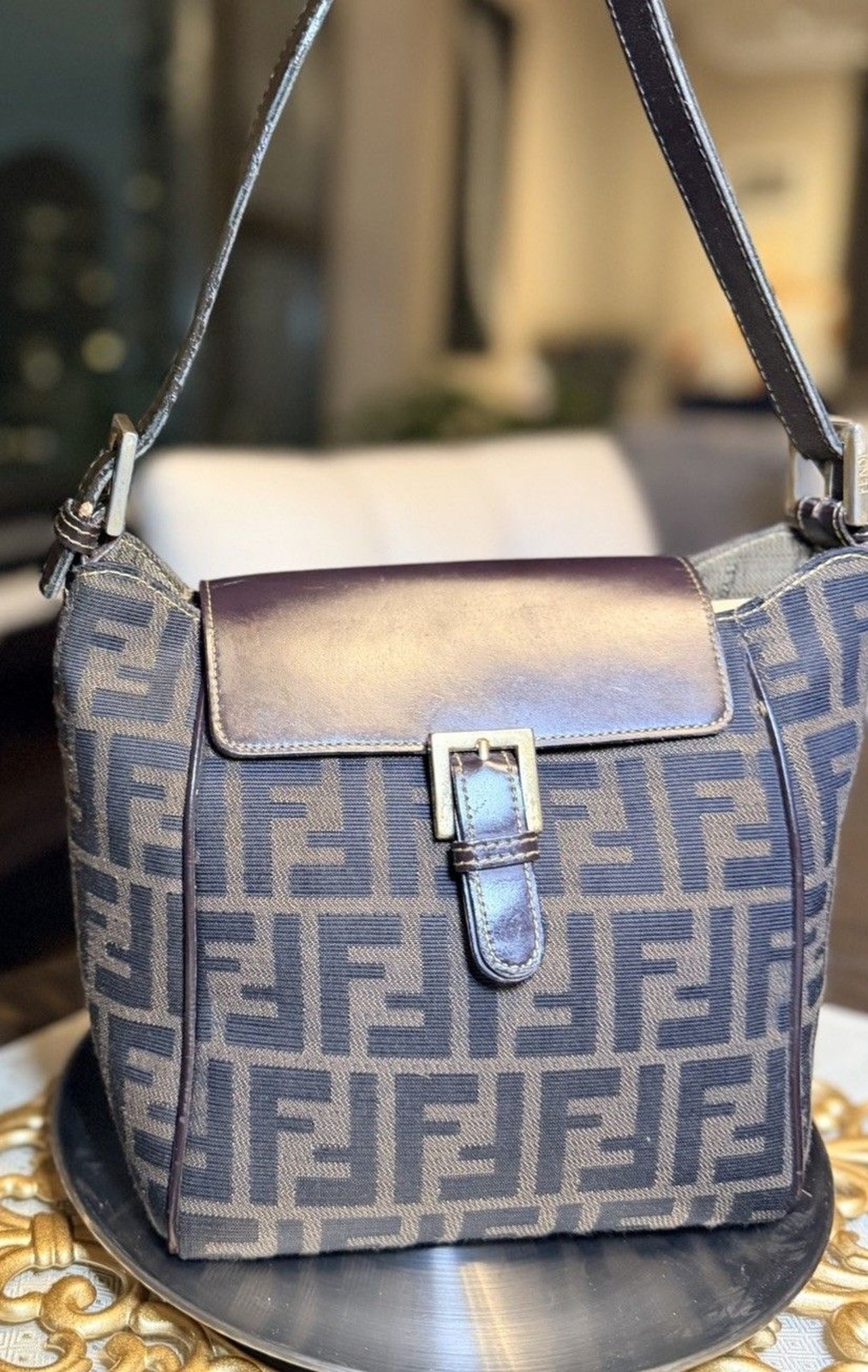 ✨ Authentic Fendi Zucca Shoulder Top Handle Crossbody Bag Canvas & Leather FF