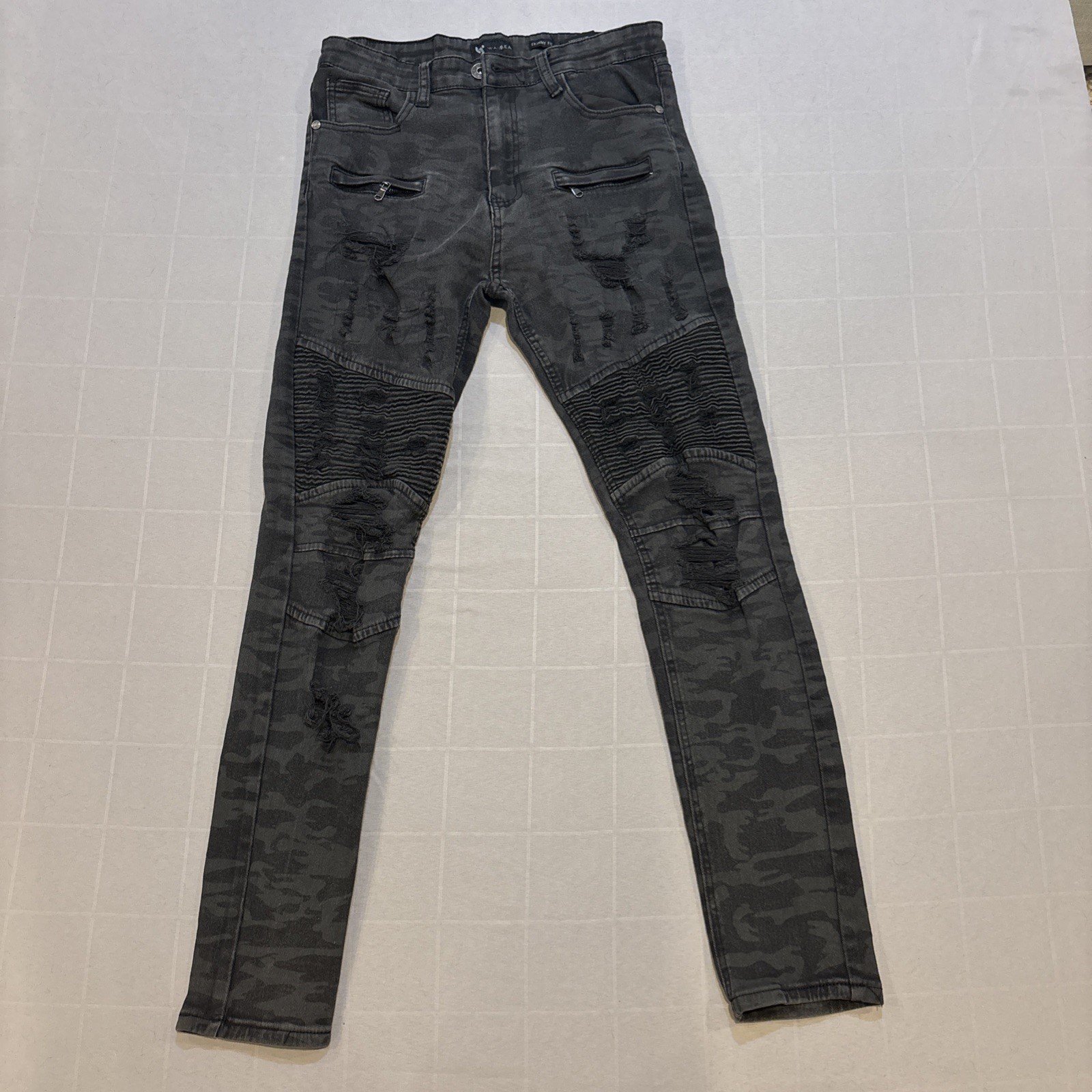 Waimea Skinny Fit Men’s Black Camo Jeans Size 32×32 Ripped Zipper
