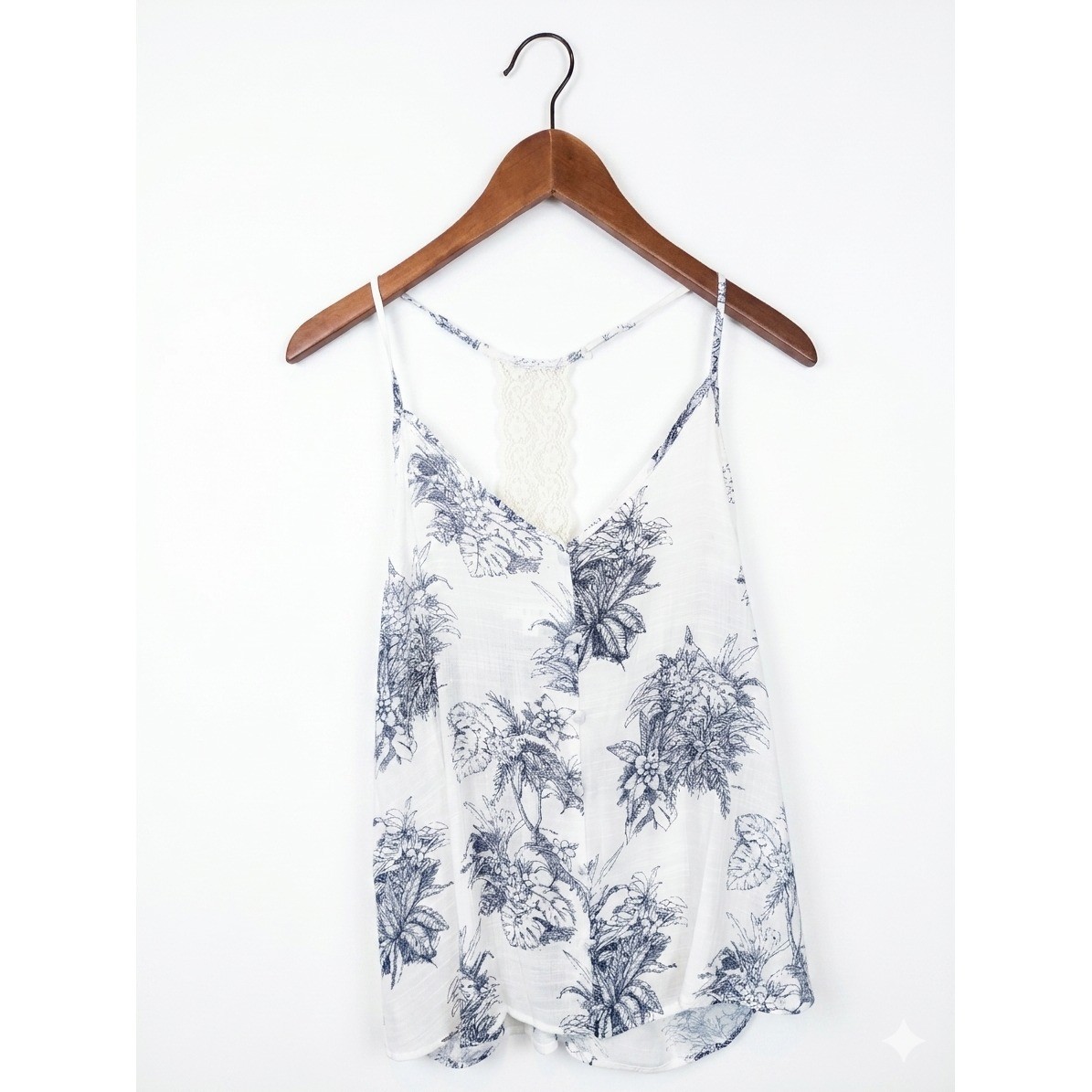 Euro Summer Tropical Lace Racerback Button Front Camisole Top White Navy Floral