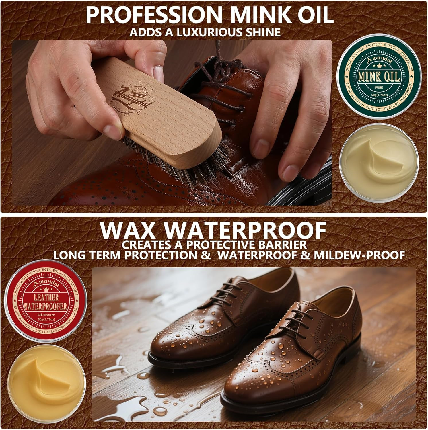 11 PCS Leather Care Kit – Horsehair Brushes,Saddle Soap,Waterproofing Wax,Mink O