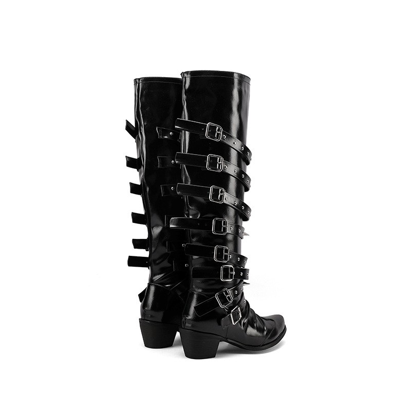 Rivet Cowgirl Knight Boots Women Pointy Toe Multi Buckles Low Heel Western Shoes