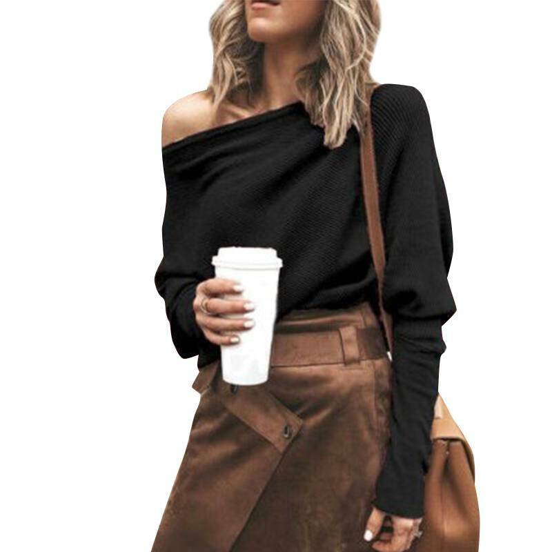 Ladies Off-Shoulder Ribbed Knitted Sweater Long Sleeve Pullover Pullover Top –