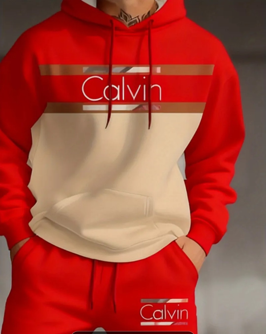 Calvin Colorblock Tracksuit Set Hoodie & Pants Red Beige Men 2 Piece