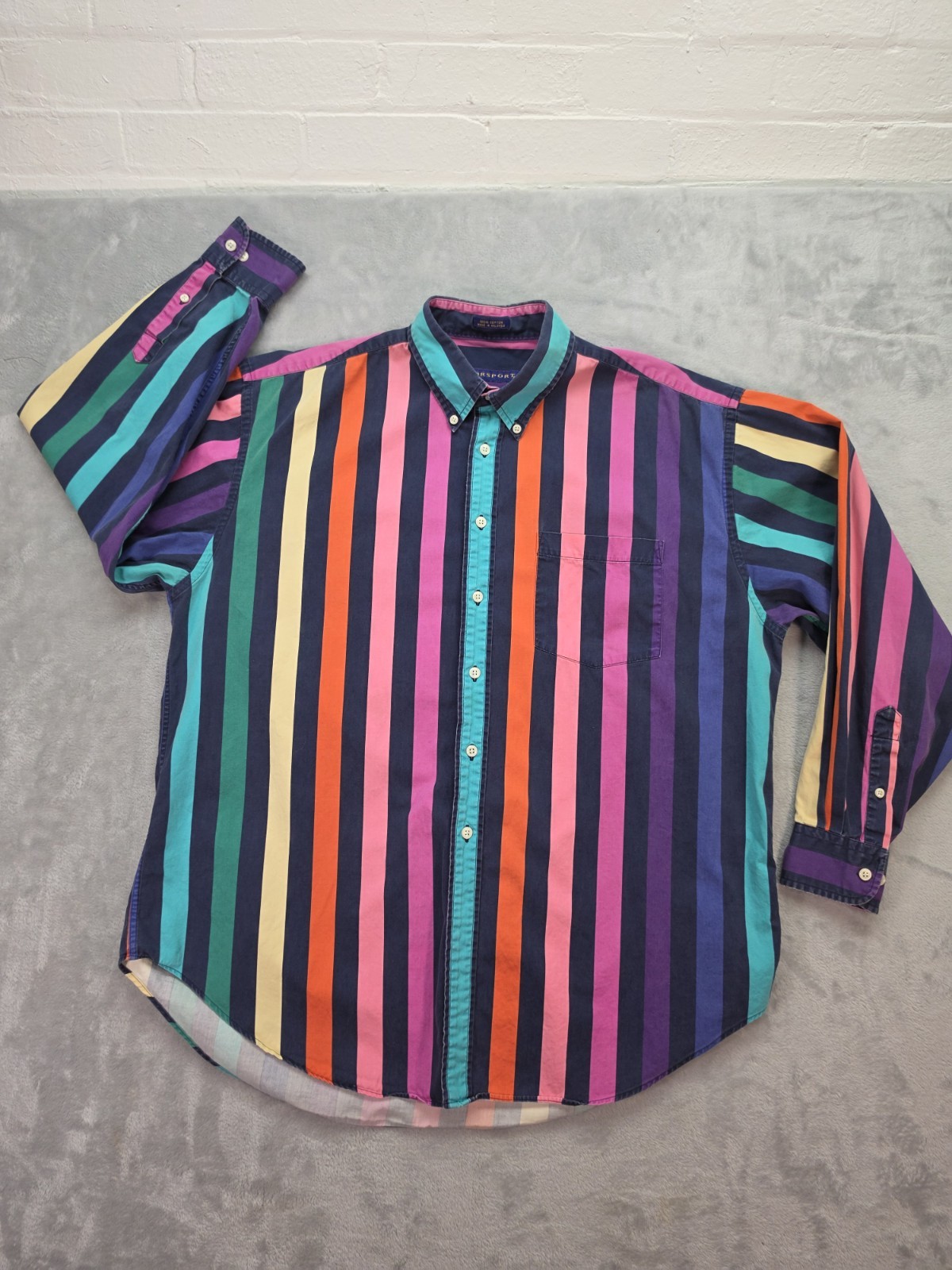 Norsport Button Down Shirt Rainbow Stripe Long Sleeve Cotton Large L Vintage