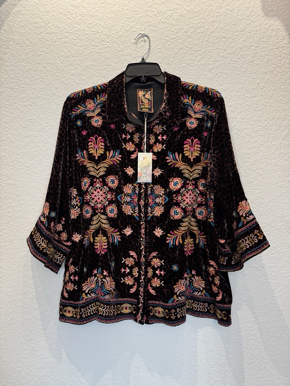 Johnny Was XL Brandi Embroidered Kimono Sleeve Shirt Misty Leopard Velvet NWT