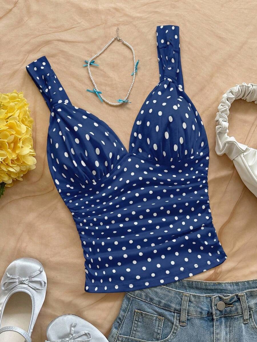 Polka Dot V Neck Top Women Sexy Twist Strap Ruched Cami Slim Fit Tank New