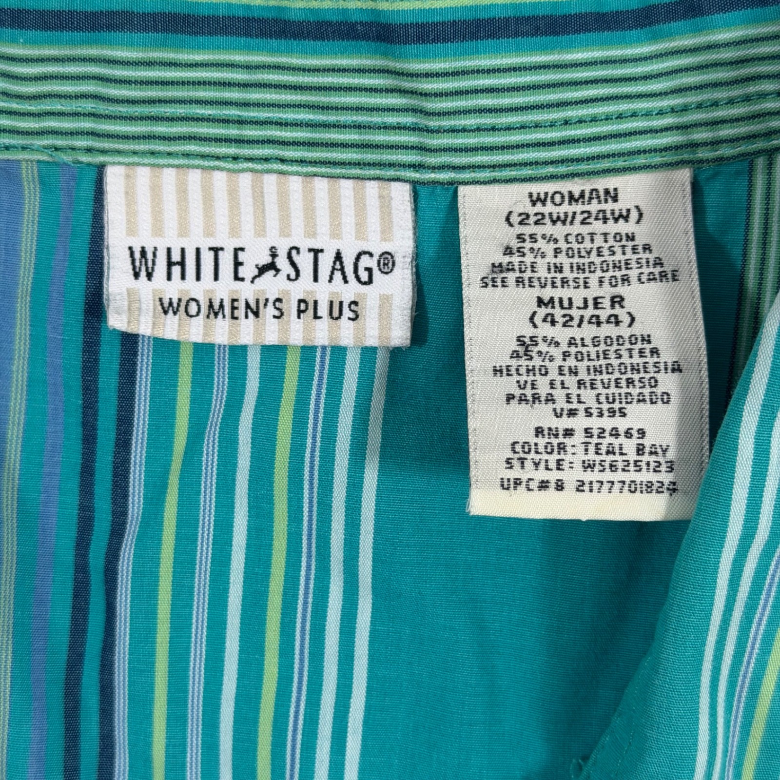 White Stag Women Plus 22W 24W Teal Striped Button Up Shirt Top