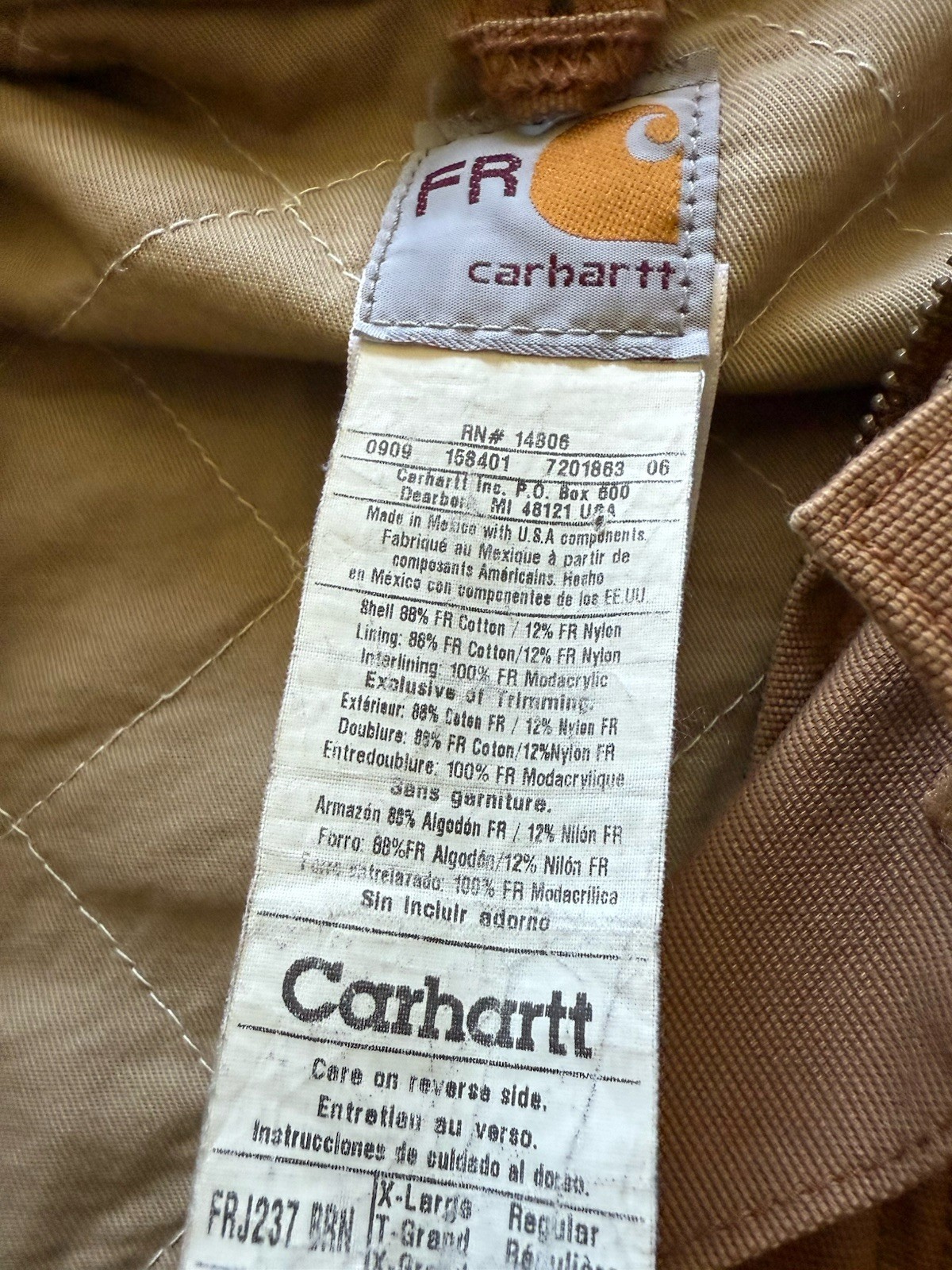 Carhartt J237 FRJ BRN Flame Resistant Hooded Jacket XL 2009 Full Zip Workwear