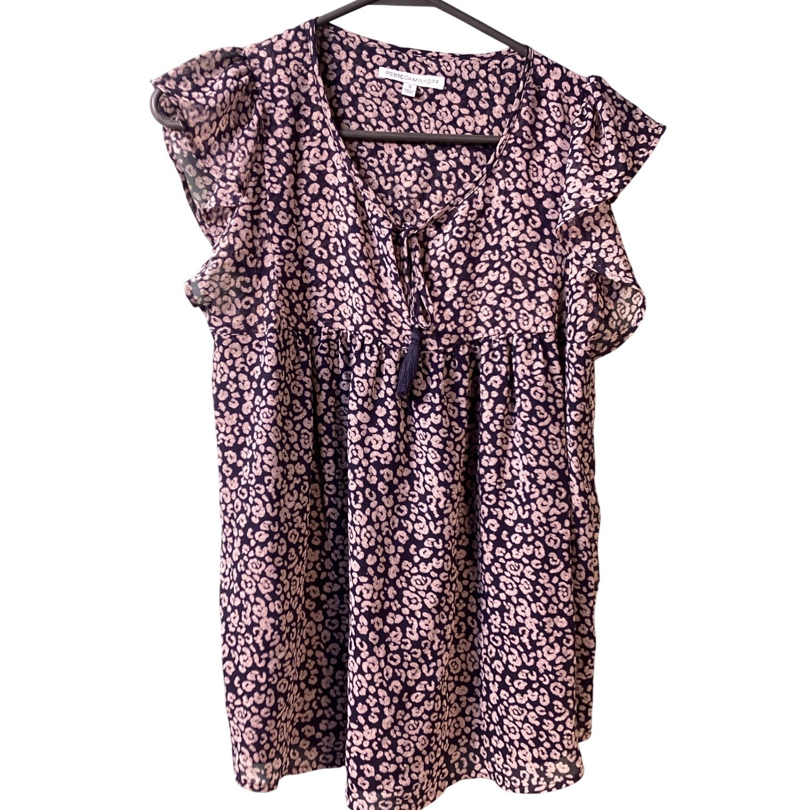 Black Tan Leopard Print Flutter Sleeve Tie Neck Boho Tunic Top Rebecca Minkoff