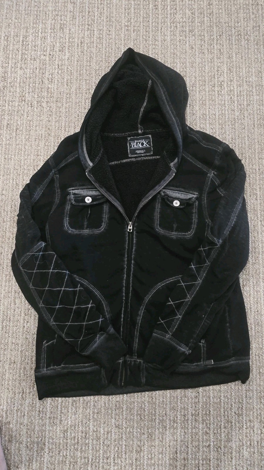 BUCKLE BLACK Premium Men’s Hoodie Black Jacket With Sherpa Lining BB4059 LARGE