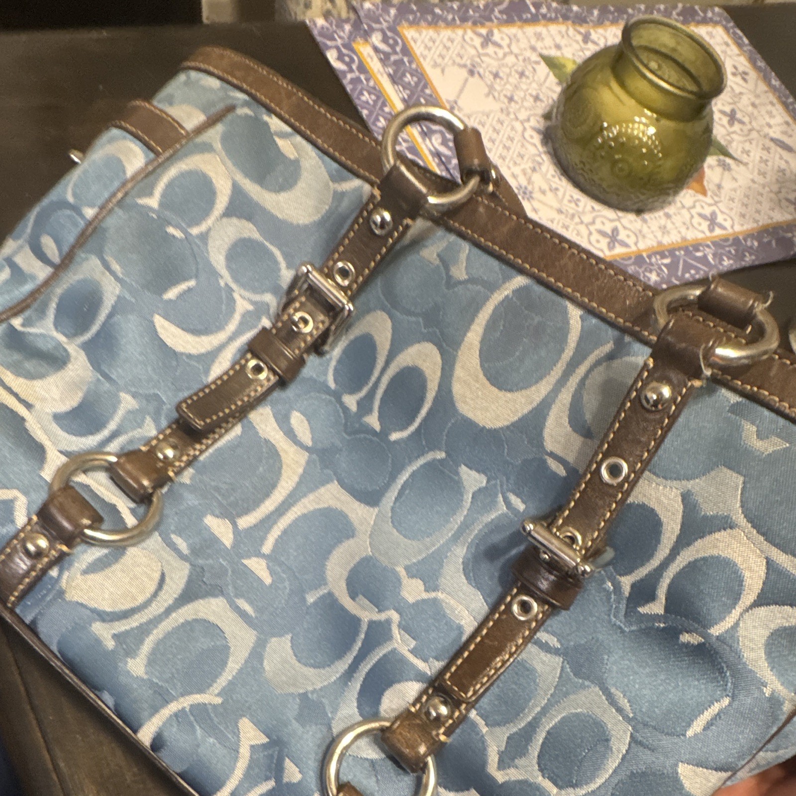 Coach Signature Blue/Brown Medium Tote Shoulder Bag Zip Double Handles Strap