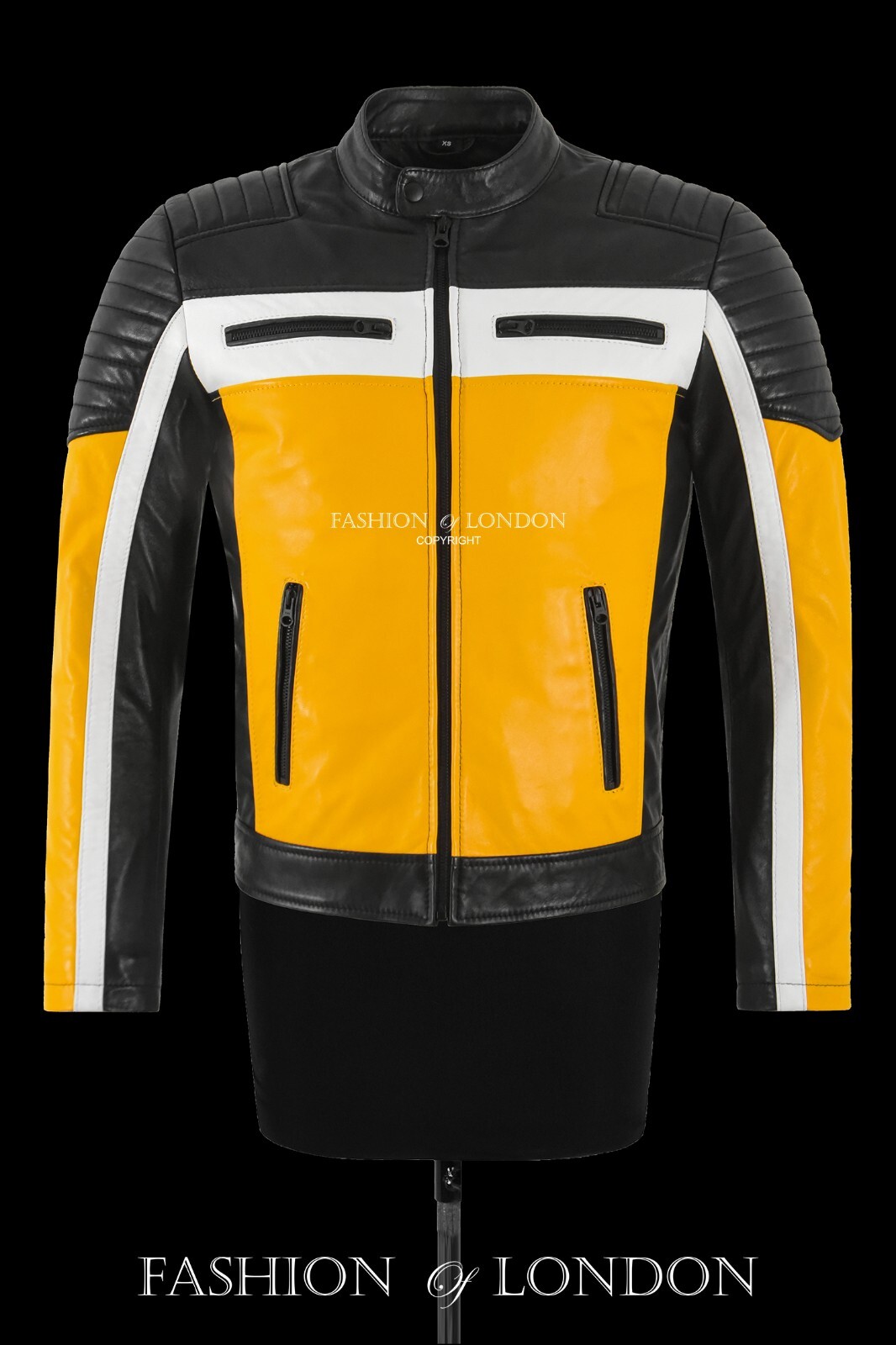 Cafe Racer Men’s Biker Leather Jacket Black Yellow Retro Style Motocross Jacket