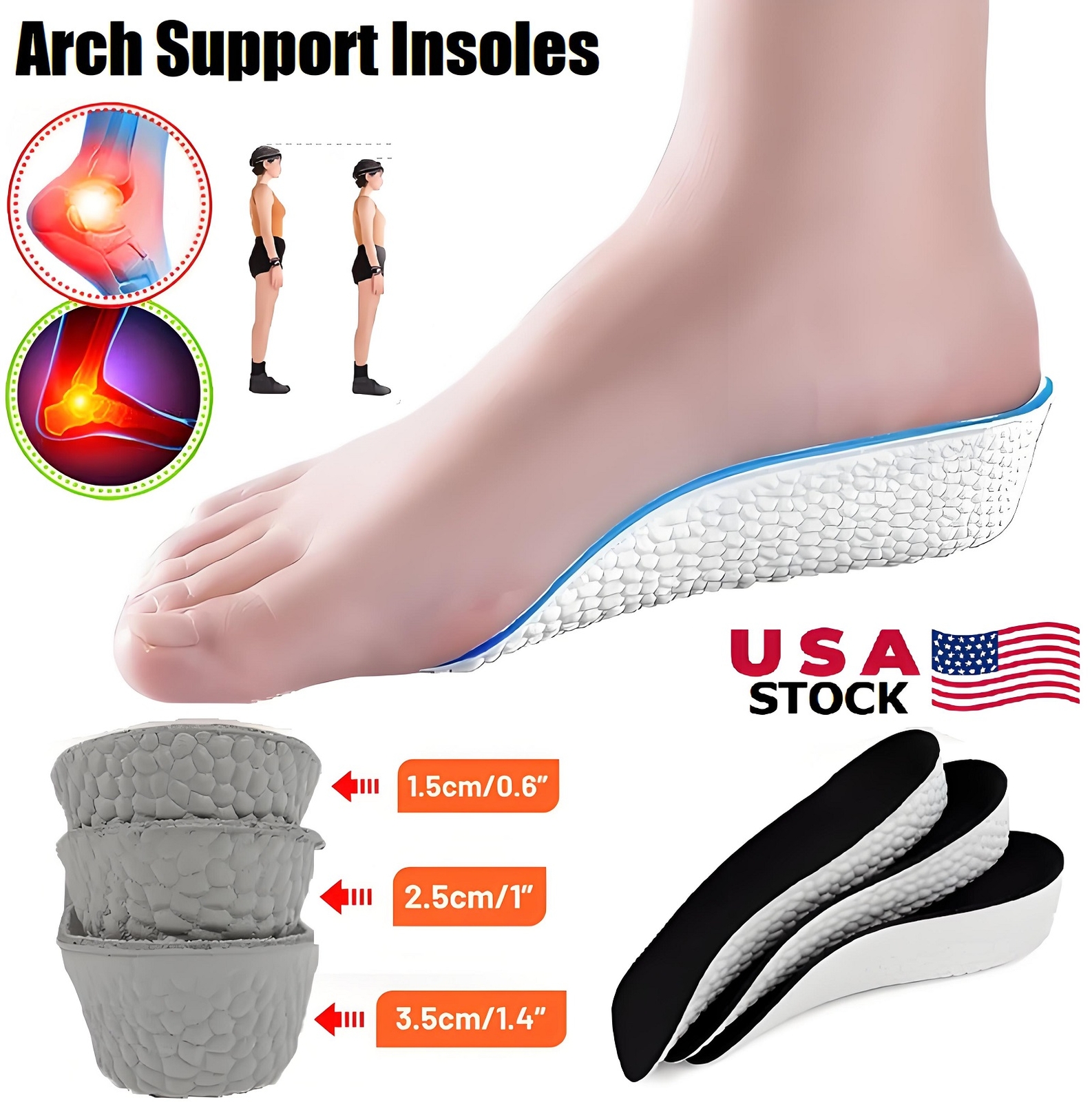 Height Increase Insoles Orthotic High Cushion Insole Arch Support Flat Feet Reli