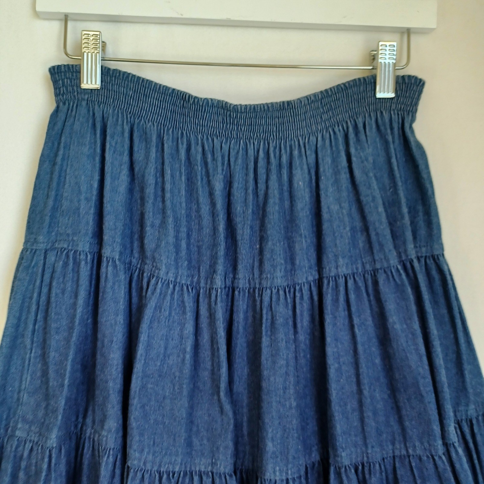 Willowbend Blue Denim Tiered Maxi Skirt Elastic Waist Made in USA Vintage Small